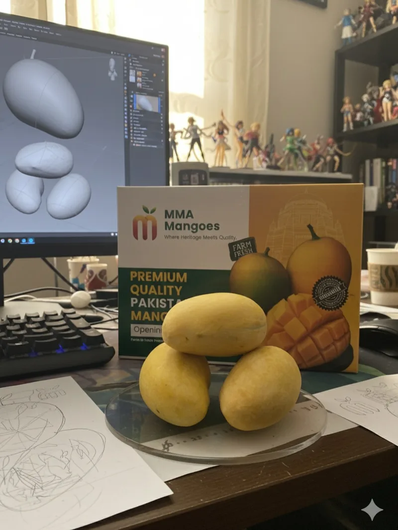 Customer unboxing MMA Mangoes delivery - fresh Pakistani mangoes in branded box at home